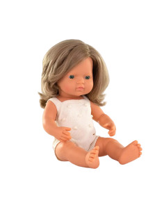 ML31287,Papusa 38 cm, fetita europeana cu par blond inchis, imbracata in salopeta tricotata