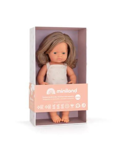 ML31287,Papusa 38 cm, fetita europeana cu par blond inchis, imbracata in salopeta tricotata