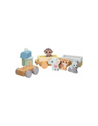 BN-80088,Joueco - Trenulet din lemn certificat FSC, Cu locomotiva si doua vagoane, Include 4 figurine in forma de maimuta, tigru