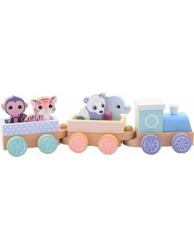 BN-80088,Joueco - Trenulet din lemn certificat FSC, Cu locomotiva si doua vagoane, Include 4 figurine in forma de maimuta, tigru