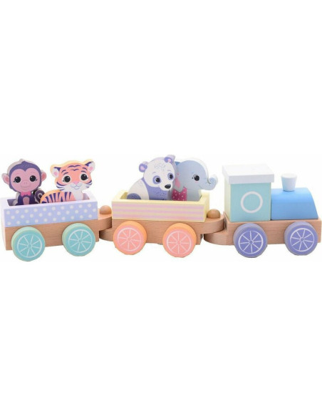 BN-80088,Joueco - Trenulet din lemn certificat FSC, Cu locomotiva si doua vagoane, Include 4 figurine in forma de maimuta, tigru