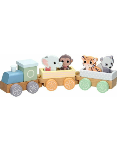 BN-80088,Joueco - Trenulet din lemn certificat FSC, Cu locomotiva si doua vagoane, Include 4 figurine in forma de maimuta, tigru