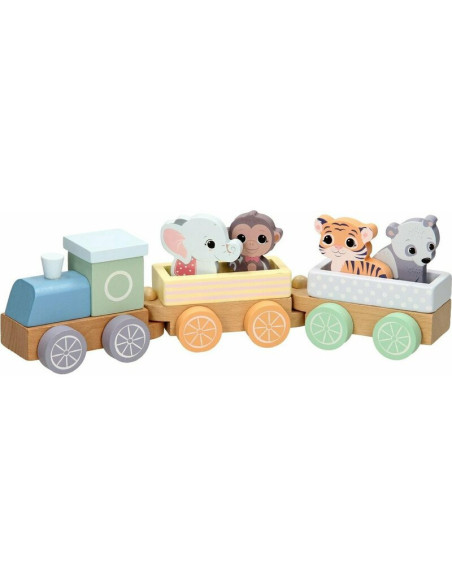BN-80088,Joueco - Trenulet din lemn certificat FSC, Cu locomotiva si doua vagoane, Include 4 figurine in forma de maimuta, tigru