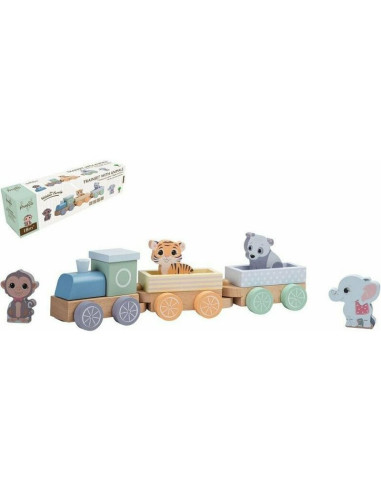 BN-80088,Joueco - Trenulet din lemn certificat FSC, Cu locomotiva si doua vagoane, Include 4 figurine in forma de maimuta, tigru