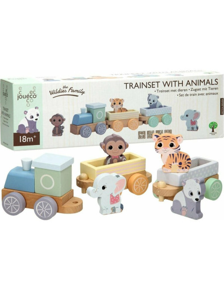 BN-80088,Joueco - Trenulet din lemn certificat FSC, Cu locomotiva si doua vagoane, Include 4 figurine in forma de maimuta, tigru