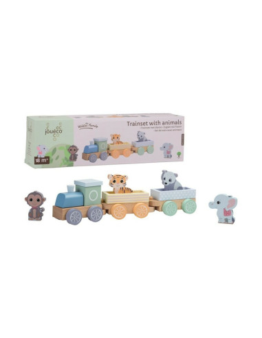 BN-80088,Joueco - Trenulet din lemn certificat FSC, Cu locomotiva si doua vagoane, Include 4 figurine in forma de maimuta, tigru