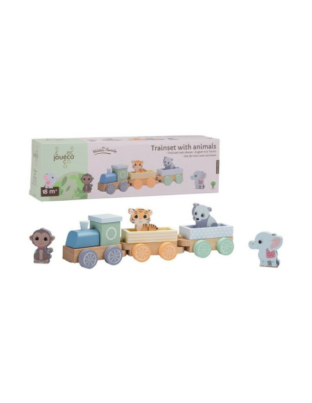 BN-80088,Joueco - Trenulet din lemn certificat FSC, Cu locomotiva si doua vagoane, Include 4 figurine in forma de maimuta, tigru