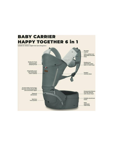 BN-48952,Marsupiu cu scaunel 6 in 1 Easy Mode De la 3.5 kg pana la 15 kg FreeON Grey