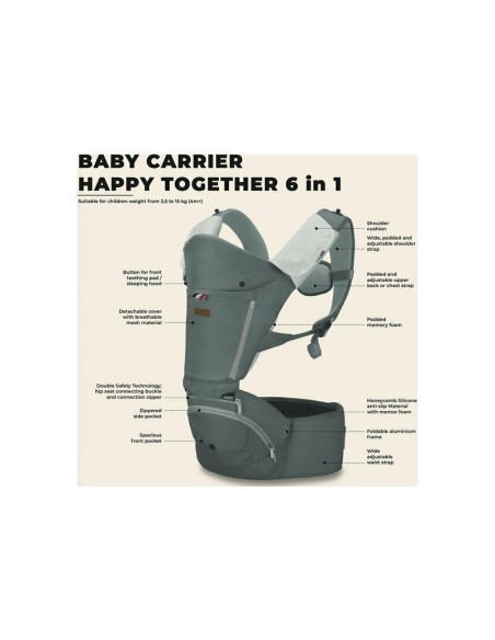 BN-48952,Marsupiu cu scaunel 6 in 1 Easy Mode De la 3.5 kg pana la 15 kg FreeON Grey