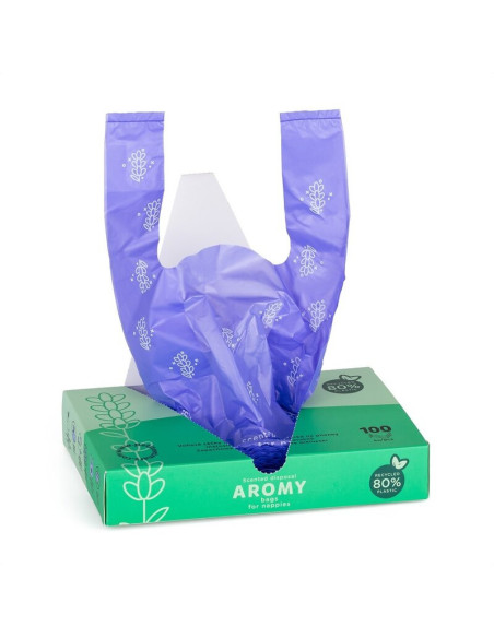 BN-306090,Petite&Mars - Saci parfumati pentru scutece, Aromy, Cu miros de lavanda, Rezistenti, Manere lungi, 100 bucati, Mov