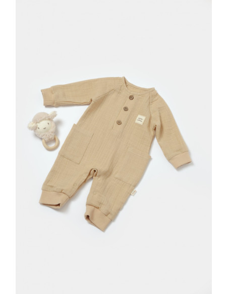 UP-BC-CSYM7038-3,Salopeta cu nasturei, Winter muselin, 100% bumbac - Apricot, BabyCosy