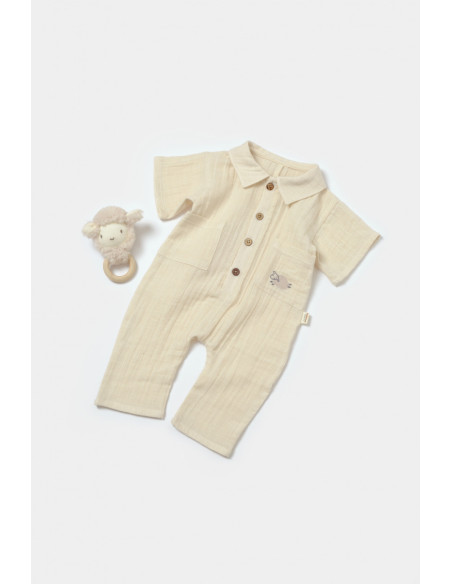 UP-BC-CSYM7039-3,Salopeta cu maneca scurta si nasturei Sheep, 100% bumbac - Stone, BabyCosy (Marime: 3-6 Luni)