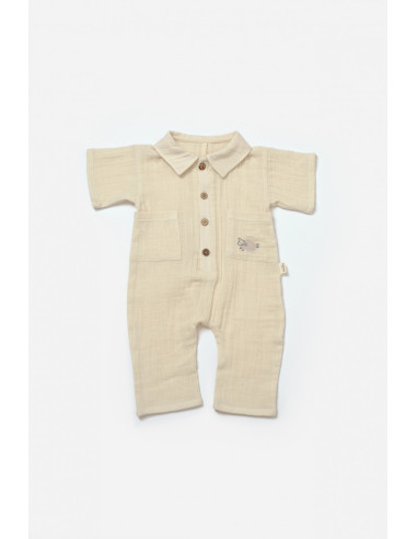 UP-BC-CSYM7039-3,Salopeta cu maneca scurta si nasturei Sheep, 100% bumbac - Stone, BabyCosy (Marime: 3-6 Luni)