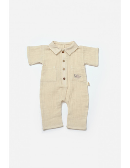 UP-BC-CSYM7039-3,Salopeta cu maneca scurta si nasturei Sheep, 100% bumbac - Stone, BabyCosy (Marime: 3-6 Luni)