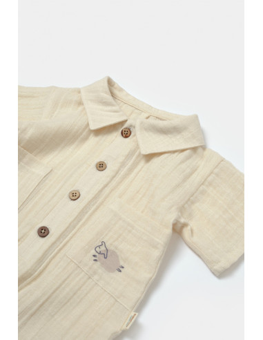 UP-BC-CSYM7039-3,Salopeta cu maneca scurta si nasturei Sheep, 100% bumbac - Stone, BabyCosy (Marime: 3-6 Luni)