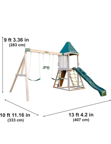 KKF29550E,Complex de joaca din lemn cu 3 leagane, tobogan si plasa de catarat Emerald Challenge