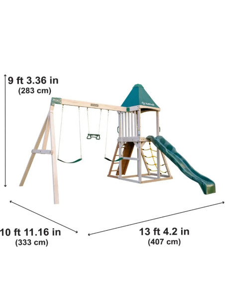 KKF29550E,Complex de joaca din lemn cu 3 leagane, tobogan si plasa de catarat Emerald Challenge