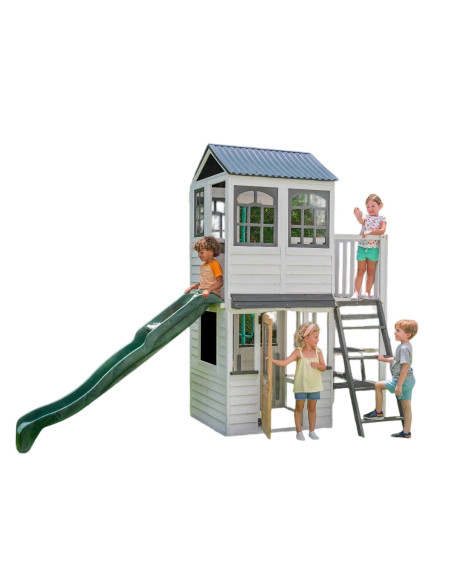 KKP280125E,Complex de joaca din lemn cu tobogan, casuta etajata si balcon Woodland View