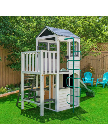 KKP280125E,Complex de joaca din lemn cu tobogan, casuta etajata si balcon Woodland View
