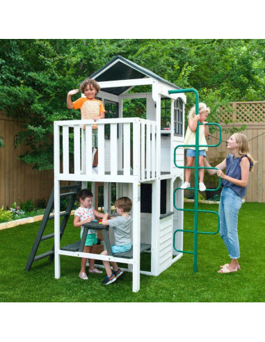 KKP280125E,Complex de joaca din lemn cu tobogan, casuta etajata si balcon Woodland View