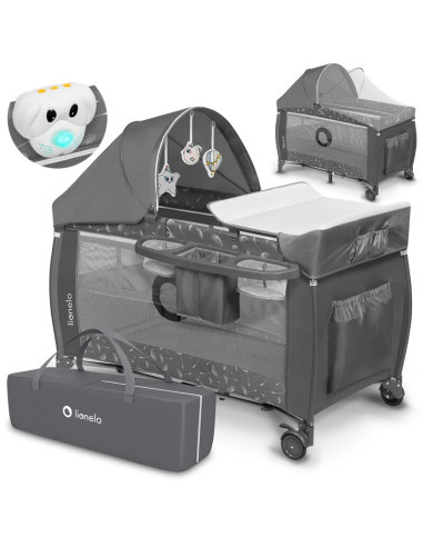 BN-LO-SVEN_PLUS_GREY_CONCRETE,Lionelo - Patut pliant cu doua nivele Sven Plus, 120x60 cm, arcada jucarii, masuta de infasat, vib