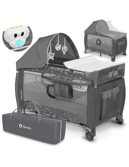 BN-LO-SVEN_PLUS_GREY_CONCRETE,Lionelo - Patut pliant cu doua nivele Sven Plus, 120x60 cm, arcada jucarii, masuta de infasat, vib