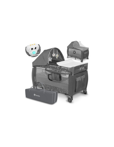 BN-LO-SVEN_PLUS_GREY_CONCRETE,Lionelo - Patut pliant cu doua nivele Sven Plus, 120x60 cm, arcada jucarii, masuta de infasat, vib