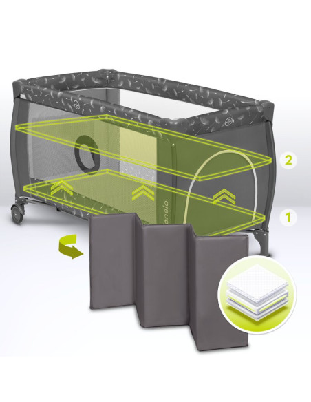 BN-LO-SVEN_PLUS_GREY_CONCRETE,Lionelo - Patut pliant cu doua nivele Sven Plus, 120x60 cm, arcada jucarii, masuta de infasat, vib