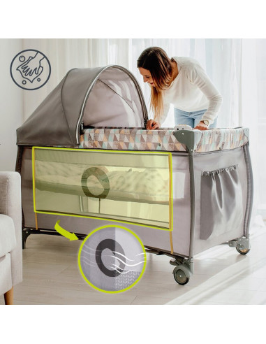 BN-LO-SVEN_PLUS_GREY_CONCRETE,Lionelo - Patut pliant cu doua nivele Sven Plus, 120x60 cm, arcada jucarii, masuta de infasat, vib