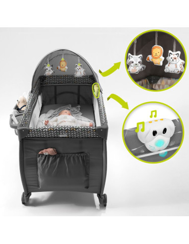 BN-LO-SVEN_PLUS_GREY_CONCRETE,Lionelo - Patut pliant cu doua nivele Sven Plus, 120x60 cm, arcada jucarii, masuta de infasat, vib