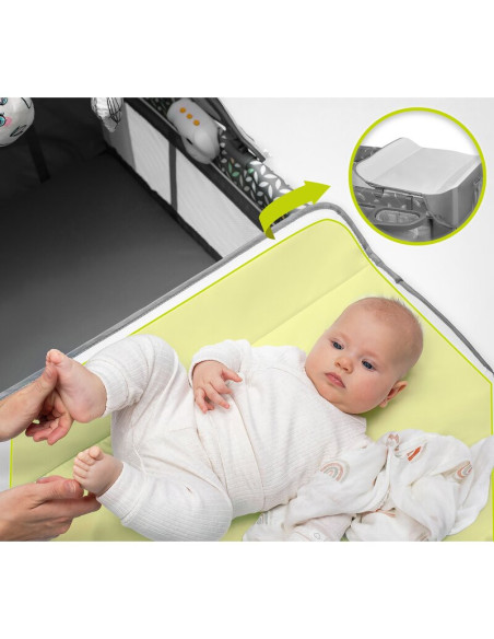 BN-LO-SVEN_PLUS_GREY_CONCRETE,Lionelo - Patut pliant cu doua nivele Sven Plus, 120x60 cm, arcada jucarii, masuta de infasat, vib