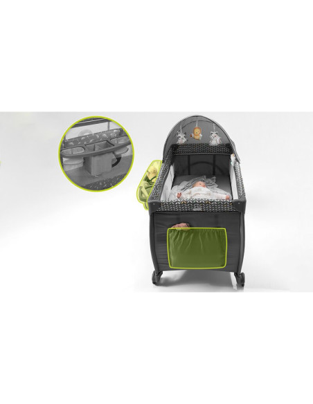 BN-LO-SVEN_PLUS_GREY_CONCRETE,Lionelo - Patut pliant cu doua nivele Sven Plus, 120x60 cm, arcada jucarii, masuta de infasat, vib