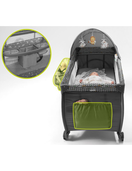 BN-LO-SVEN_PLUS_GREY_CONCRETE,Lionelo - Patut pliant cu doua nivele Sven Plus, 120x60 cm, arcada jucarii, masuta de infasat, vib