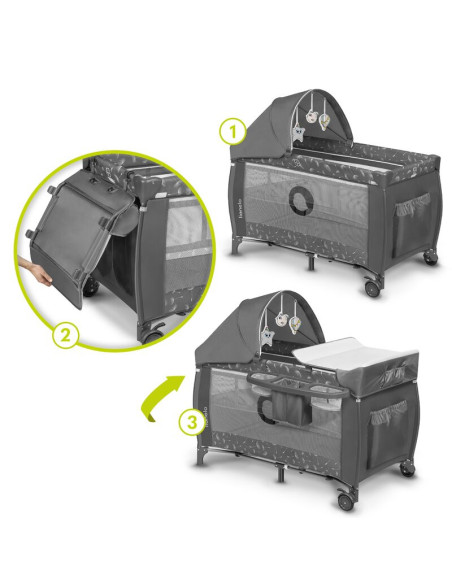 BN-LO-SVEN_PLUS_GREY_CONCRETE,Lionelo - Patut pliant cu doua nivele Sven Plus, 120x60 cm, arcada jucarii, masuta de infasat, vib