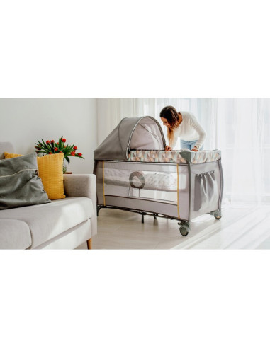 BN-LO-SVEN_PLUS_GREY_CONCRETE,Lionelo - Patut pliant cu doua nivele Sven Plus, 120x60 cm, arcada jucarii, masuta de infasat, vib