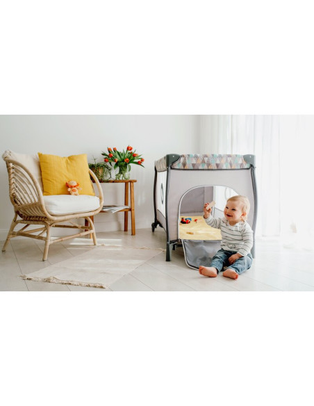 BN-LO-SVEN_PLUS_GREY_CONCRETE,Lionelo - Patut pliant cu doua nivele Sven Plus, 120x60 cm, arcada jucarii, masuta de infasat, vib