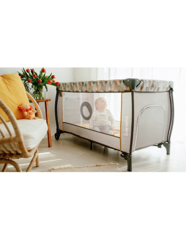 BN-LO-SVEN_PLUS_GREY_CONCRETE,Lionelo - Patut pliant cu doua nivele Sven Plus, 120x60 cm, arcada jucarii, masuta de infasat, vib