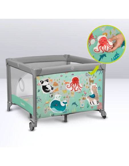 BN-LO-MILLE_GREY_GREEN,Lionelo - Tarc de joaca, Pliabil, Include covor educational incorporat cu 4 jucarii Velcro si geanta de t