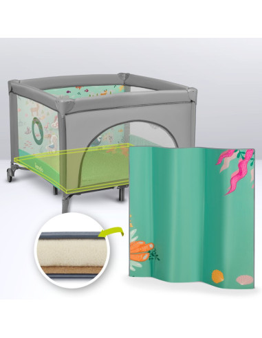 BN-LO-MILLE_GREY_GREEN,Lionelo - Tarc de joaca, Pliabil, Include covor educational incorporat cu 4 jucarii Velcro si geanta de t