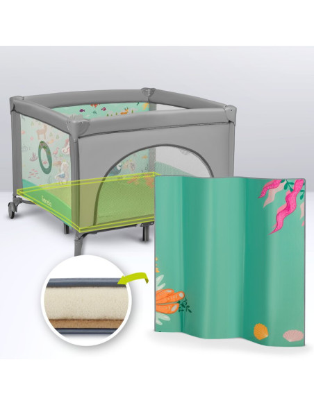 BN-LO-MILLE_GREY_GREEN,Lionelo - Tarc de joaca, Pliabil, Include covor educational incorporat cu 4 jucarii Velcro si geanta de t