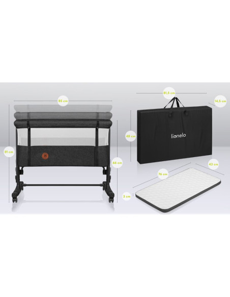 BN-LO-AURORA_GREY_GRAPHITE,Lionelo - Patut co-sleeper 3 in 1, Aurora, Cu leganare si setare unghiulara, Include saltea cu densit