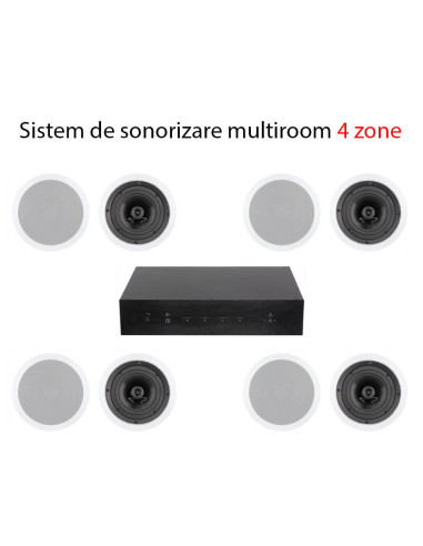 Pachet-HA400-4xATOR1,Pachet sonorizare 4 zone 8x50W cu streaming RAKOIT HA400 si 8 boxe de tavan Ambientone R1, Airplay 2