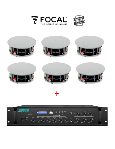 Pachet-6xICW5T+MP310U,Sistem Sonorizare Premium 90W cu 6 boxe tavan FOCAL ICW 5-T si DSPPA MP310U, Bluetooth, 100V