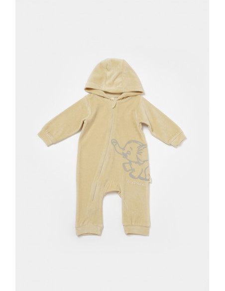 UP-BC-CSYK6042-3,Salopeta Elefant cu maneca lunga si gluga din 80%bumbac organic si 20% poliester - Stone, BabyCosy, Diverse mar
