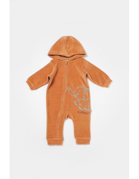 UP-BC-CSYK6044-3,Salopeta Elefant cu maneca lunga si gluga din 80%bumbac organic si 20% poliester - Caramiziu, BabyCosy, Diverse