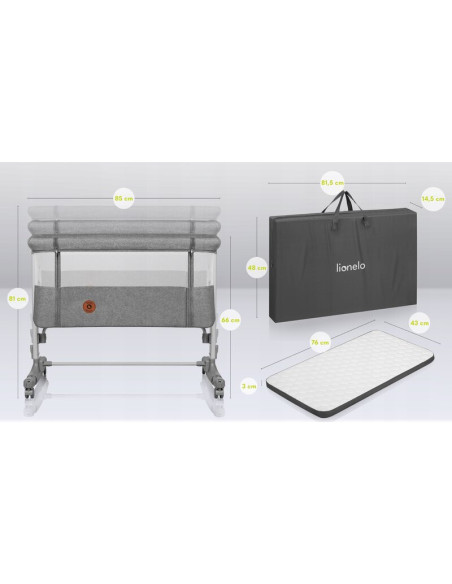 BN-LO-AURORA_GREY_CONCRETE,Lionelo - Patut co-sleeper 3 in 1, Aurora, Cu leganare si setare unghiulara, Include saltea cu densit