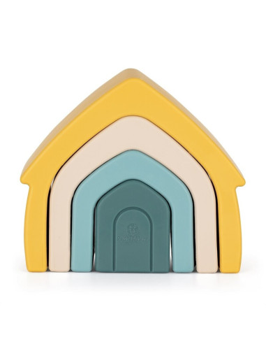 BN-600819,Petite&Mars - Jucarie pentru stivuire, Casuta, 11,5x10x5 cm, Silicon, Fara BPA, 4 piese, 12 luni+, Galben