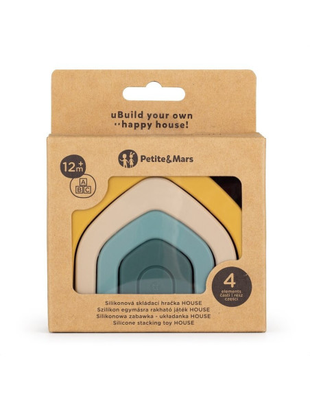 BN-600819,Petite&Mars - Jucarie pentru stivuire, Casuta, 11,5x10x5 cm, Silicon, Fara BPA, 4 piese, 12 luni+, Galben