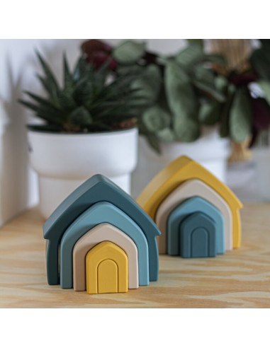 BN-600819,Petite&Mars - Jucarie pentru stivuire, Casuta, 11,5x10x5 cm, Silicon, Fara BPA, 4 piese, 12 luni+, Galben