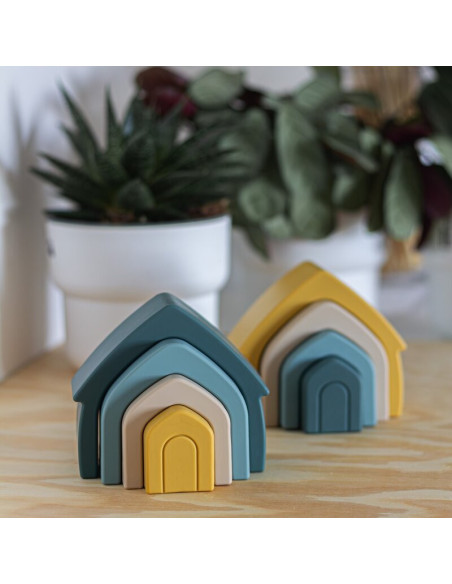 BN-600819,Petite&Mars - Jucarie pentru stivuire, Casuta, 11,5x10x5 cm, Silicon, Fara BPA, 4 piese, 12 luni+, Galben